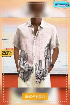 Men's Linen Shirt Summer Shirt Beach Shirt Turndown Summer Short Sleeve White Pink Blue Cactus Casual Daily Clothing Apparel Print Relaxed Fit Shirt With Pockets For Beach Season, Relaxed Fit Top With Pockets For Beach Season, Casual Hawaiian Shirt With Casual Collar For Vacation, Casual Long Sleeve Hawaiian Shirt, Relaxed Fit Short Sleeve Shirt With Plant Print, Casual Summer Tops With Plant Print, Summer Casual Hawaiian Shirt, Casual Tops With Printed Casual Collar, Casual Camp Shirt With Pockets For Vacation