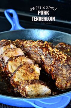 pork tenderloin cooking in a skillet on the stove