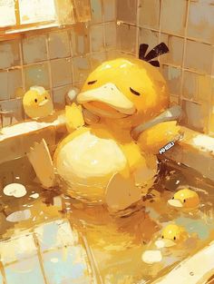 a painting of a yellow duck in a bathtub