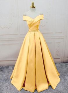 Charming Satin Long Party Dress, Off the Shoulder Formal Dresses – BeMyBridesmaid Gold A-line Evening Dress For Prom Season, Elegant Yellow Ball Gown Dress, Gold Satin Dress For Banquet, Gold Satin Dress For Banquets, Yellow Fitted A-line Evening Dress, Yellow Dress With Fitted Bodice For Banquet, Yellow Dresses With Fitted Bodice For Banquet, Fitted Yellow A-line Evening Dress, Yellow Ball Gown For Evening