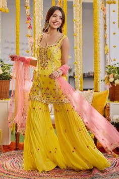 Sunshine yellow kurta with resham, cutdana, sequin embroidery in floral pattern. Paired with sharara and contrast dupatta. - Aza Fashions Yellow Sharara, Contrast Dupatta, Yellow Kurta, Kurta Sharara Set, Kurta Sharara, Sequin Embroidery, Sanya, Sharara Set, Sunshine Yellow