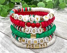 Bead Bracelet Stack, Heishi Jewelry, Jewelry For Christmas, Heishi Bead Bracelet, Christmas Fair Ideas, Heishi Bracelets, Clay Bracelets, Jewelry For Mom, Christmas Clay