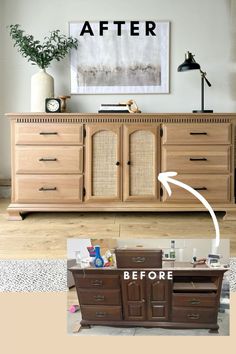 Dark Furniture Redo, Renovated Wooden Furniture, Refurbished Old Dresser, Revamp Old Dresser, Refinishing Furniture Color Ideas, Diy Rattan Furniture Makeover, Add Rattan To Dresser, Old Wooden Furniture Makeover, Buffet Redo Ideas