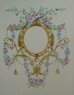 an ornate painting with flowers and bells on it's side, hanging from the ceiling