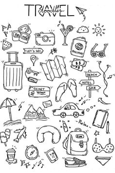 Doodles - petits dessins à copier - carnet de voyage Doodles For Travel Journal, Doodle Drawings Travel, Traveling Diary Ideas, Traveling Doodles Simple, Travel Related Drawings, Travel Lettering Words, Travelling Scrapbook Ideas, Photo Album Drawing Ideas