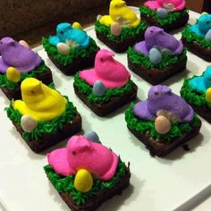 there are many cupcakes that have been decorated to look like birds in the grass