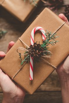 a person holding a wrapped present with a candy cane in the middle and pine cone on top