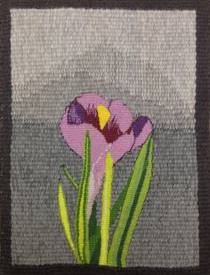 a painting of a purple flower with green leaves in the center on a gray background