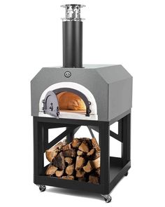 an outdoor pizza oven with wood stacked in it's front and the door open