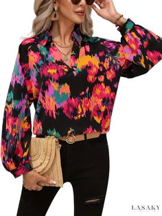 Lasaky - Vibrant Graffiti Print V Neck Blouse with Fashionable Lantern Sleeves, Perfect for Spring and Fall Season, Ideal for Womens Fashion Wardrobe Trendy V-neck Blouse With Vibrant Print, Trendy Fall Blouse With Vibrant Print, Trendy Pink Blouse With Abstract Print, Multicolor Abstract Print V-neck Blouse, Colorful Printed Blouse For Fall, Trendy Colorful Blouse With Vibrant Print, Colorful Long Sleeve Trendy Blouse, Vibrant Long Sleeve Top With Abstract Print, Vibrant Long Sleeve Tops With Abstract Print