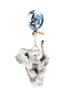 an elephant is flying with a balloon in its trunk and it's trunk up