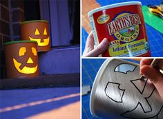 three pictures with pumpkins painted on them and one has a can of paint in the shape of a jack - o'- lantern