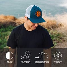 Elevate your style for your next adventure with our premium two-tone design baseball-style snapback. Crafted with a structured six-panel construction and a relaxed brim, this snapback not only ensures you look and feel fresh, but it also features a vegan Brutus patch for an extra eco-friendly touch. If only Marlins could wear hats, they'd choose this one too! This hat supports ocean conservation & sustainability. Black Military Style Snapback Hat With Flat Bill, Sporty 5-panel Snapback Hat For Camping, Paddle Board Surfing, Black Cotton Six-panel Snapback Hat, Adjustable 5-panel Snapback Hat For Skateboarding, Military-style Cotton Snapback Hat, Surf Camp, Marine Conservation, Surf Lesson