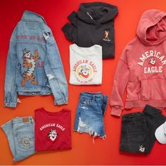 American Eagle Outfitters And Kellogg's Tony The Tiger Have Teamed Up To Celebrate The Year Of The Tiger. The 24-Piece Limited-Edition Collection Featuring Graphics Of The Breakfast Mascot Throughout The Ages And Includes Ae's Denim Styles, Tees, Hoodies And Accessories For Both Men And Women. Brand New Without Tags Ae X Kellogg’s Tony The Tiger Limited Edition Collab Distressed Cropped 90s Boyfriend Denim Jacket Casual Denim Outerwear With Graphic Print, Casual Medium Wash Denim Jacket With Graphic Print, Casual Long Sleeve Denim Jacket For College, Casual Medium Wash Outerwear With Graphic Print, Casual Denim Jacket With Graphic Print For Fall, Casual Graphic Print Denim Jacket For Fall, Fall Denim Jacket For College, Casual Cotton Denim Jacket For College, Casual Spring Outerwear With Graphic Print