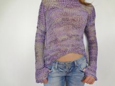 Womens  knit  Cropped sweater . Loose knit by RoseUniqueStyle Trendy Hand Knitted Sweater One Size, Trendy Hand Knitted One Size Sweater, Trendy Hand-knitted One-size Sweater, Trendy Knitted Sweater For Spring, Oversized Hand Knitted Spring Sweater, Trendy Hand Knitted Sweater For Spring, Trendy Hand-knitted Sweater For Spring, Purple Chunky Knit Sweater For Spring, Purple Long Sleeve Bohemian Sweater