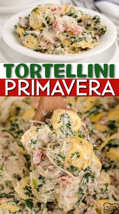 tortellini prima veggie in a white bowl with spinach and cheese