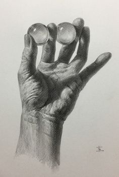 a pencil drawing of a hand holding three balls in it's palm, while the other hand holds something