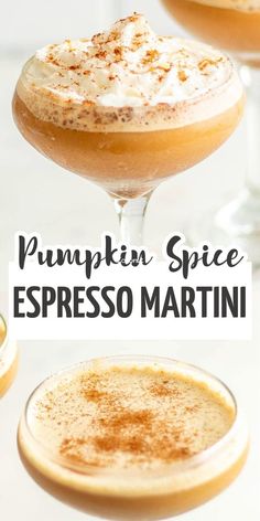 pumpkin spice espresso martini with whipped cream and cinnamon sprinkled on top