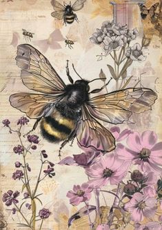 a painting of a bee and some flowers