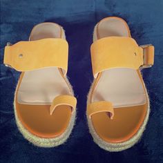 Brand New Mustard Color Suede Sandals. Never Been Worn. They Are A Size 8m. Orange Closed Toe Mules For Summer, Orange Closed Toe Sandals For Spring, Casual Toe Loop Mules For Spring, Summer Orange Closed Toe Mules, Summer Suede Platform Footbed Sandals, Spring Suede Platform Footbed Sandals, Beach Suede Platform Footbed Sandals, Suede Platform Footbed Sandals For Spring, Orange Closed Toe Sandals For Summer