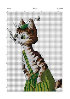 a cross - stitch pattern of a cat in green and white striped pants with a butterfly on its nose