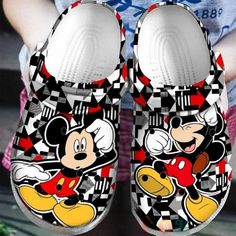 Mickey Mouse And Arrow Shape Black White And Red Clogs For Kids & Adults Red Clogs, Mickey Mouse Black, Crocs Slippers, White Clogs, White Crocs, Crocband Clog, Rubber Clogs, Iconic Shoes, Jordan 13 Shoes