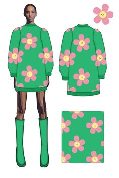 a green dress with pink and yellow flowers on the front, two matching knee - high boots