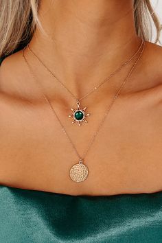 Everyone Else Will Be Green With Envy Over This Layered Necklace! The Gemstone Star Charm Is Gorgeous & We Love The Hammered Metal Pendant! $15, FAST AND FREE US SHIPPING! Gold Green Necklace, Layered Necklace Gold, Necklace Moon, Emerald Gem, Enamel Necklaces, Hammered Metal, Emerald City, Green With Envy, Gold Necklace Layered