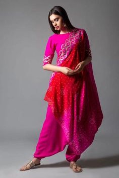 Shop for Pink City Pink Embroidered Silk Kurta Dhoti Pant Set for Women Online at Aza Fashions Bandhani Dress Pattern, Red Gharara, Bandhani Dress, Hot Pink Shorts, Short Kurta, Dhoti Pants, Pink City, Party Wear Indian Dresses, Fancy Dress Design