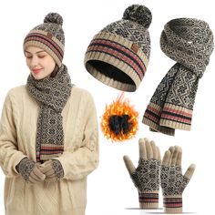 PRICES MAY VARY. 【Warm three-piece suit 】Hat Glove Scarf Set is Superior Acrylic Knit and Thicker Lining Gives Super Soft Skin Touch, Cozy, Skin-Friendly and Warmth. 【Fashion Classic】Knitted Snowflake Pattern design Makes the Set of Beanie Neck Gaiter Gloves Classical and Easy to Match Your Clothing. 【Touch Screen Gloves】Commonly used three fingers The material of the fingers are made of highly sensitive conductive material, and you can use it on touch screen devices with gloves (including but n Gloves For Women, Winter Set, Winter Hats Beanie, Hat Scarf, Designer Scarves, Touch Screen Gloves, Women's Beanie, Amazon Products, Winter Hats For Women