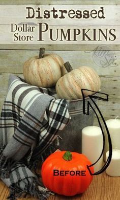 an advertisement for dollar store with pumpkins and candles on the table next to it