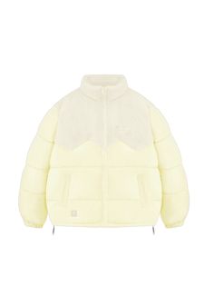 Eggshell Pattern Patchwork Jacket - PSYLOS 1 Winter Nylon Fleece Jacket With Long Sleeves, Cream Puffer Jacket With Padded Collar For Winter, Winter Nylon Fleece Jacket With Pockets, Winter Fleece Jacket With Pockets, White Sherpa Outerwear For Outdoor, Cozy White Patchwork Outerwear, Yellow Patchwork Outerwear For Winter, Winter Yellow Patchwork Outerwear, Saturation Color