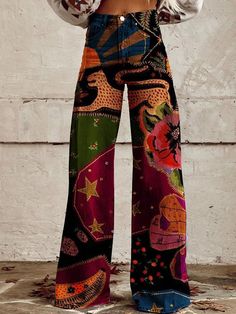 Women's Vintage Botanical Floral Wide Leg Pants 90s Fashion Plus Size, Looks Pinterest, Vintage Flower Prints, Casual Wide Leg Pants, Printed Wide Leg Pants, Fall Fits, Street Look, Pantalon Large, 2023 Fashion