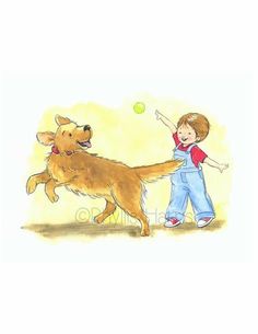 a drawing of a boy and his dog playing with a tennis ball in the air