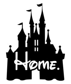 a black and white silhouette of a castle with the word home