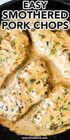 an image of easy smothered pork chops in gravy on a skillet