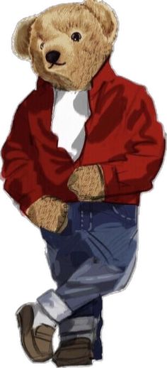 a drawing of a teddy bear wearing a red jacket and jeans with his arms crossed