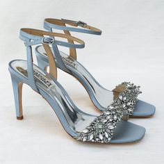 Brand New From My Retail Store! Designed By Badgley Mischka 3 1/4" Heel Silk Satin, Rhinestones, Leather Soles Open Toe Adjustable Ankle Strap With Buckle Whisper Blue Silk Satin Glamorous Blue Sandals For Wedding, Glamorous Blue Heels For Weddings, Elegant Blue Wedding Sandals, Badgley Mischka Bridal Shoes, Black Sparkly Heels, Blue Bridal Shoes, Champagne Shoes, Gold Strappy Sandals, Bridal Pumps