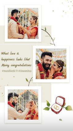 wedding card with two photos and the words what love & happiness looks like many congratulationss