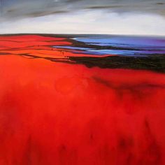 an abstract painting with red, blue and black colors in the sky above it is a large body of water