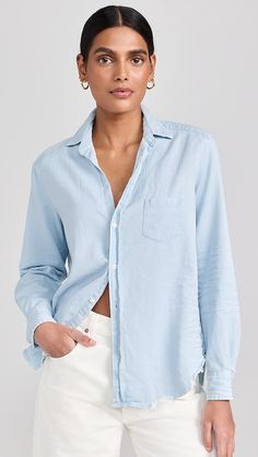 Frank & Eileen Relaxed Button Up Shirt | Shopbop Relaxed Fit Washed Tops For Daywear, Unstructured Tops With Pockets For Daywear, Spring Washed Blue Tops With Button Cuffs, Long Sleeve Washed Blue Shirt With Button Cuffs, Washed Blue Long Sleeve Shirt With Button Cuffs, Relaxed Cotton Top With Buttons, Washed Blue Long Sleeve Linen Top, Washed Blue Relaxed Fit Tops With Button Cuffs, Spring Linen Tops