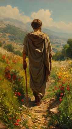 a painting of a man with a walking stick on a path in the grass and flowers