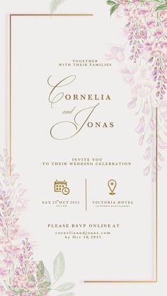 an elegant wedding card with pink flowers and greenery