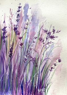 watercolor painting of purple flowers and grass