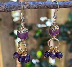 Spiritual Amethyst Drop Earrings, Purple Spiritual Drop Earrings, Spiritual Purple Drop Earrings, Amethyst Dangle Earrings For Jewelry Making, Amethyst Dangle Earrings With Natural Stones, Amethyst Natural Stone Dangle Earrings, Purple Chandelier Earrings With Ear Wire As A Gift, Spiritual Purple Dangle Earrings, Amethyst Chandelier Earrings For Pierced Ears As A Gift