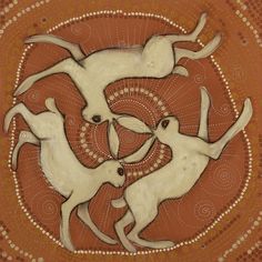 an artistic painting depicting two dogs playing with each other on a brown and white background