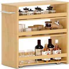 a wooden shelf filled with bottles and glasses