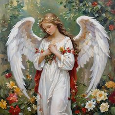 a painting of an angel with flowers around her