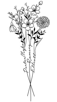 a black and white drawing of flowers on a white background with the words love written in cursive writing