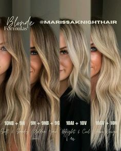 MARISSA | RENO HAIRSTYLIST on Instagram: "SUMMER BLONDES 👱🏼‍♀️   Using my all time favorite @oligopro Calura Gloss ✨  Soft & Sandy : 10NB + 9N  Golden Hour : 9N + 9NB + 9G  Bright & Cool : 10AI + 10V  Pure Beige : 10GV + 10N  Which one is your favorite?! Let me know below 🫶🏼  #oligopro #haircolors #hairstylist #colorformula #summerhair #summerhaircolor #summerhairgoals #hairtrends #blonde #blondebalayage #blondehighlights #balayage #balayagehighlights #bronde #brondehair #brondebalayage #marissaknighthair" Blonde Balayage Formulas Redken, Blonde Toner Formula Redken Shades, Oligo Calura Hair Color, Bellami Hot Toffee Blonde, Shades Toner Formulas Blonde, Shades Blonde Formula, Redken Neutral Blonde Formula, Full Saturation Balayage, Gold Blonde Formula